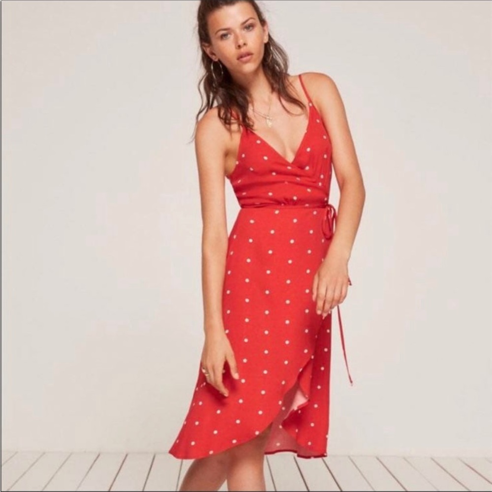 Reformation Anouk Midi Wrap Dress in Ricotta Red Dot